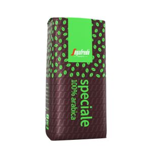 Braune Kaffeepackung speciale Arabica mit grüner Schrift