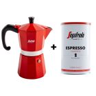 Rote Segafredo Mokka Kanne mit Espresso Classico in weiß roter Dose