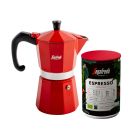 Rote Segafredo Mokkakanne mit bunter Kaffee-Metalldose mit Espresso Kaffee