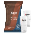 Segafredo Hot Ciok Packung in braun blau mit zwei passenden Gläsern